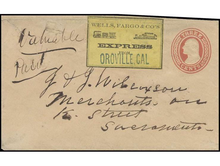 1857 (ca.), gelber Wells Fargo-Aufkleber "EXPRESS FROM OROVILLE. CAL" auf Ganzsachenumschlag 3 C. mit Vermerk "Valuable/paid"