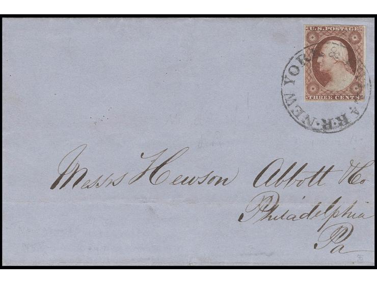 1862, "NEW YORK & PHILA R.R.", Eisenbahnstempel auf 1851, 3 C. auf Briefhülle nach Philadelphia