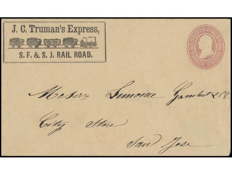 1864 (ca.), Ganzsachenumschlag 3 C. rosa mit Zudruck "J.C. Truman's Express..." nach San José, Federzug im Wertstempel entfer
