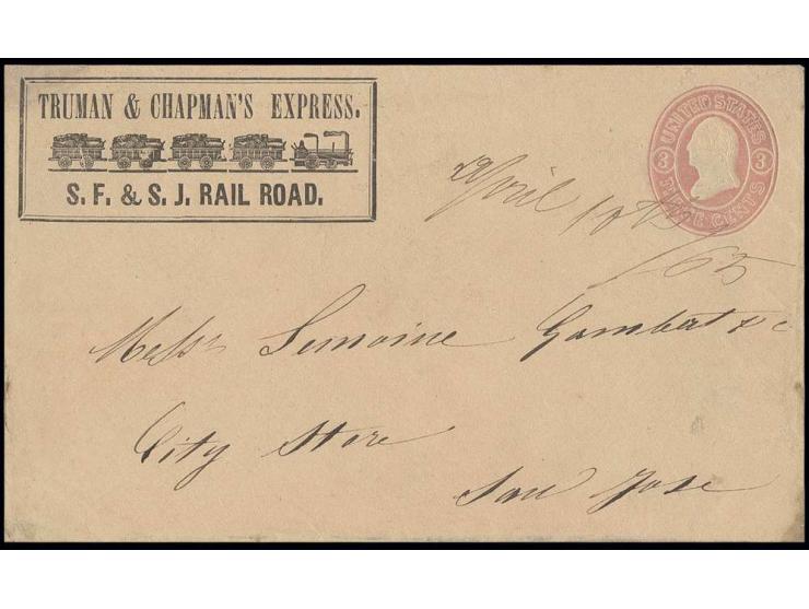 1865, Ganzsachenumschlag 3 C. rosa mit handschriftlicher Entwertung mit Zudruck "TRUMAN & CHAPMAN'S EXPRESS..." nach San José