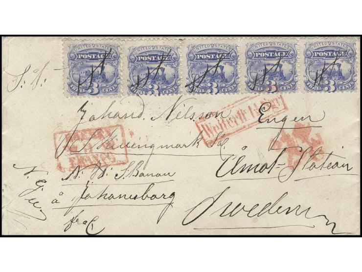 3 C. blau, waagerechter 4er-Streifen und Einzelstück mit handschriftlicher Entwertung auf Briefkuvert über New York mit Verre