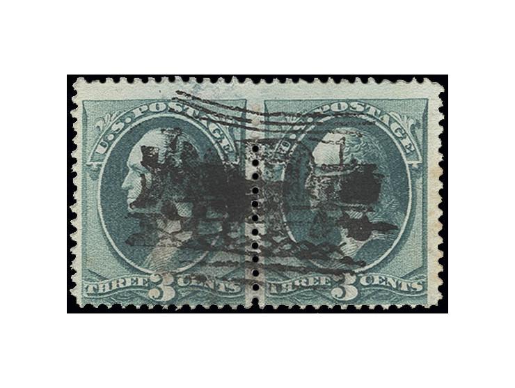 1883, fancy cancel "Lokomotive & Tender", sauberer Abschlag beim Postamt South Hanson verwendeten Stempels auf Paar 3 C. grün