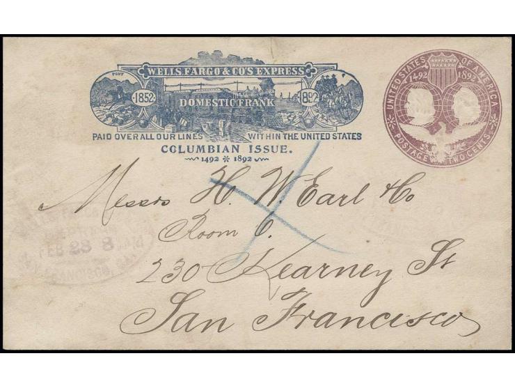 1892, Kolumbus-GSU 2 C. mit Zudruck "WELLS FARGO & CO'S EXPRESS / COLUMBIAN ISSUE" nach San Francisco mit nebengesetztem Eing