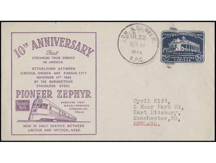 1896/1960, 7 bessere Briefe und Karten, dabei Bahnunglück, 3 Belege zu Eisenbahn-Ausstellung Chicago 1948/49 etc.