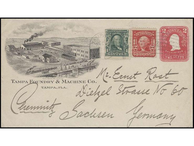 1904, Privat-Ganzsachenumschlag 2 C. rot mit dekorativem Zudruck der "TAMPA FOUNDRY & MACHINE CO." mit Zufrankatur nach Sachs