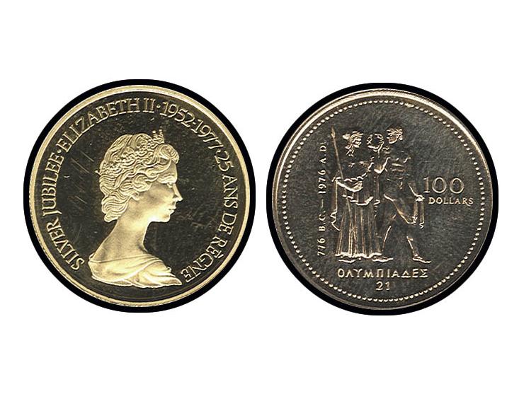 KANADA: 100 $ Gold, 1976, Olympische Spiele und 1977, Silver Jubilee, ss/vz