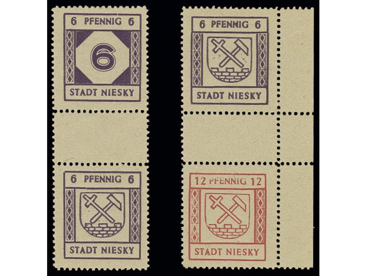 NIESKY: 1945, Zusammendrucke 6 + Z +  6 Pfg. und 6 + Z + 12 Pfg. Spargummierung mit großen Kreisen, postfrisch, SZ 1 sign. Zi