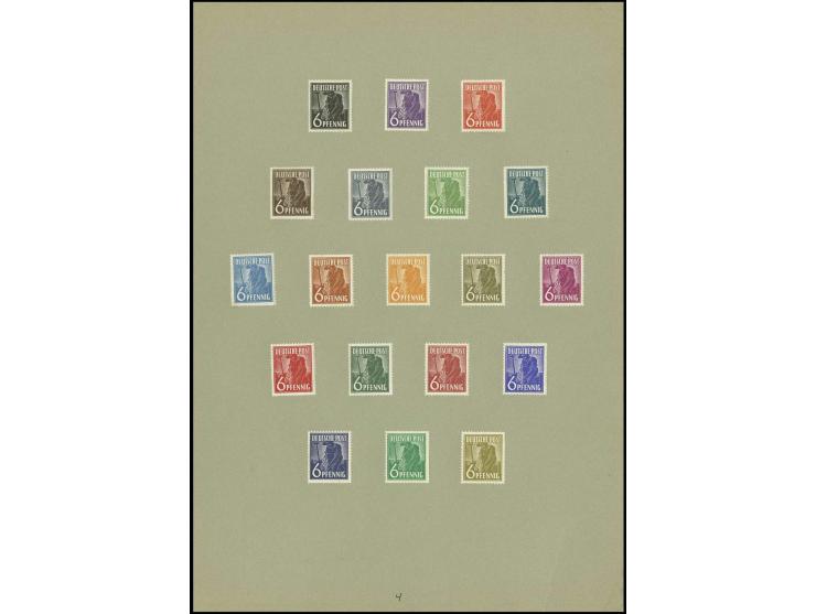 1947, Arbeiterausgabe 6 Pfg. 19 Probedrucke in unterschiedlichen, teils später für andere Wertstufen benutzten Farben, auf Vo