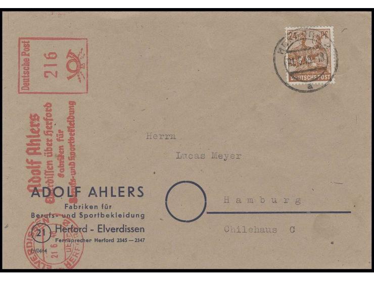 24 Pfg. in Mischfrankatur mit Absenderfreistempel der Fa. Adolf Ahlers mit Zehnfach-Wertangabe "216" als portogerechte Franka