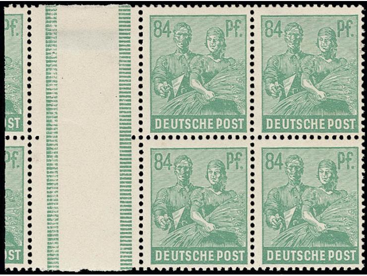 84 Pfg. grün im 4er-Block vom linken Rand, durch Bogenverschnitt links mit "Zwischensteg" und Teilen von 2 weiteren Werten, E
