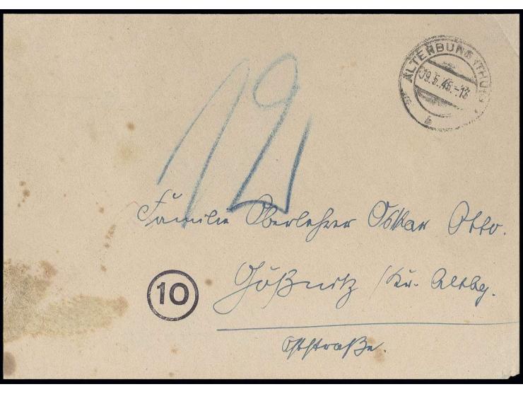 Kreispost Altenburg unter amerikanischer Besatzung, Brief von "ALTENBURG 9.5.45" mit Taxe "12" und schwachem roten Ra2 "Nachg