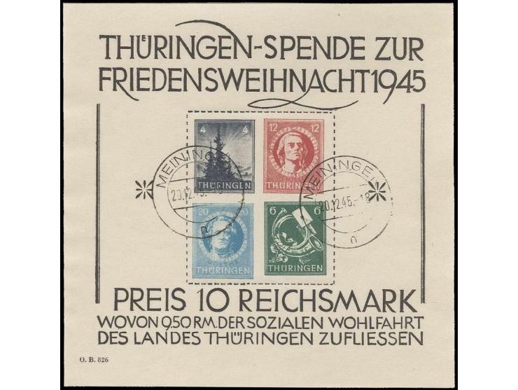 dito, in Type III, sauber gestempelt "MEININGEN 20.12.45", Blockrand minimal wellig,  Fotoattest Ströh BPP