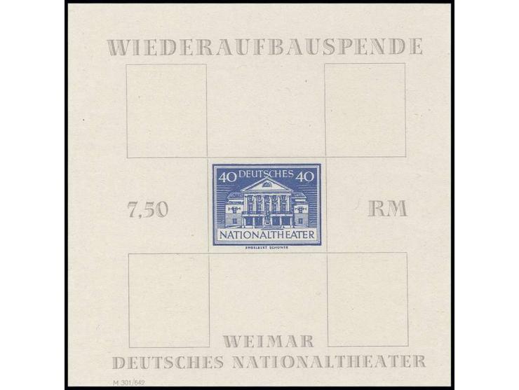 1946, Theaterblock mit den fehlenden Wertstufen 6 Pfg., 10 Pfg., 12 Pfg. und 16 Pfg., ungummiert wie verausgabt, Fotoattest S