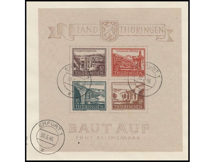 Brückenbau-Block, sauber gestempelt "ERFURT1z 30.3.46" auf Briefstück, Fotoattest Ströh BPP (Mi.1.700,-)