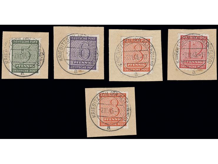 5-12 Pfg. kpl., dabei 8 Pfg. mit beiden Wz., jeweils gestempelt "KRIEBITZSCH 7.11.45" auf Briefstücken, 6 und 12 Pfg. unten i