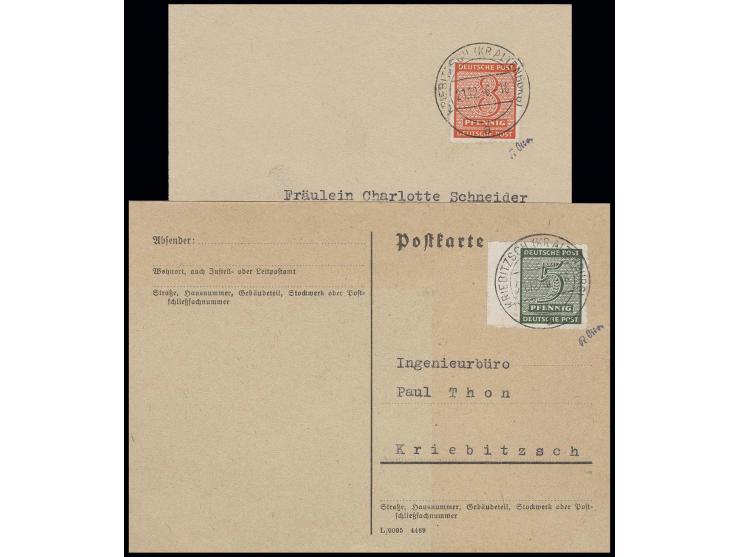 5 Pfg., linkes Randstück, und 8 Pfg., jeweils sauber gestempelt "KRIEBITZSCH" auf philatelistischer Karte und philatelistisch
