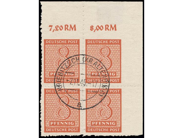 8 Pfg. mit Wz. steigend im 4er-Block aus der rechten oberen Bogenecke mit zentrischem Stempel "KRIEBITZSCH 4.11.45", sehr sch