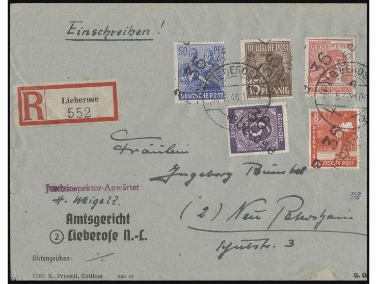  "36 Lieberose" auf Ziffer 6 Pfg. und auf Arbeiter 8, 15, 30 und 50 Pfg. mit Stempel "LIEBEROSE 30.6.48" auf  minimal überfra