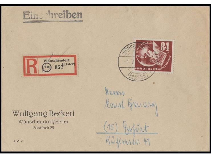 1950, DEBRIA 84 Pfg. mit Ersttagsstempel "WÜNSCHENDORF (ELSTER) 1.7.50" auf portogerechtem R-Brief nach Erfurt mit Ankunftsst