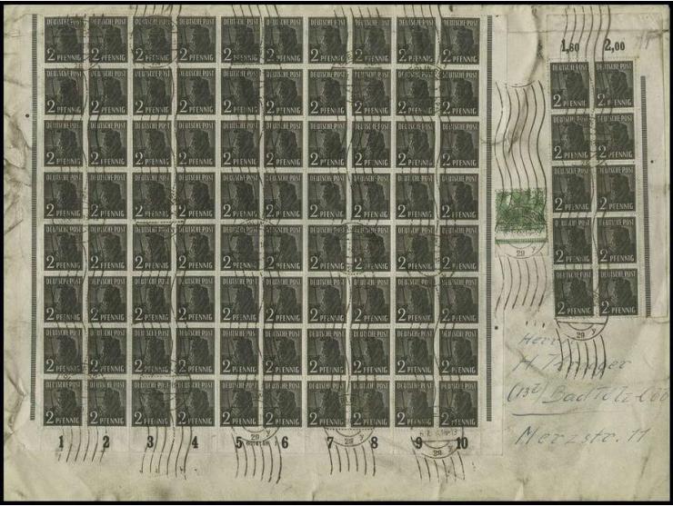 Vorläufer: Gemeinschaftsausgaben: 1948, 2 Pfg., 190 Stück in Bogenteilen, vorder- und rückseitig (kompletter Bogen!) auf Brie