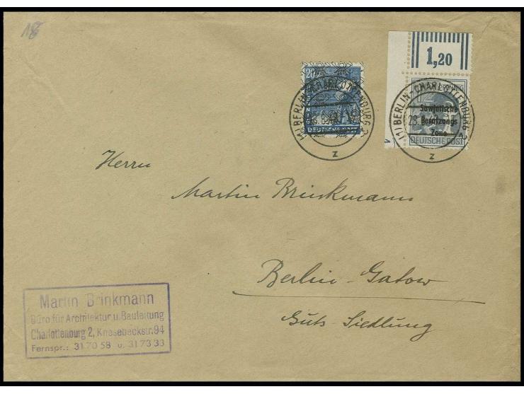 SBZ: 1948, Arbeiter 12 Pfg. aus der linken oberen Bogenecke mit Druckerzeichen "1" in Mischfrankatur mit Netz auf Arbeiter 20