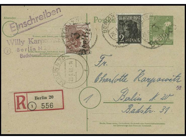 "3/Berlin 66" auf Ganzsachenkarte Arbeiter 10 Pfg. mit Zufrankatur Bezirkshandstempel-Werte 60 Pfg. und 2 Pfg. von "BERLIN N 