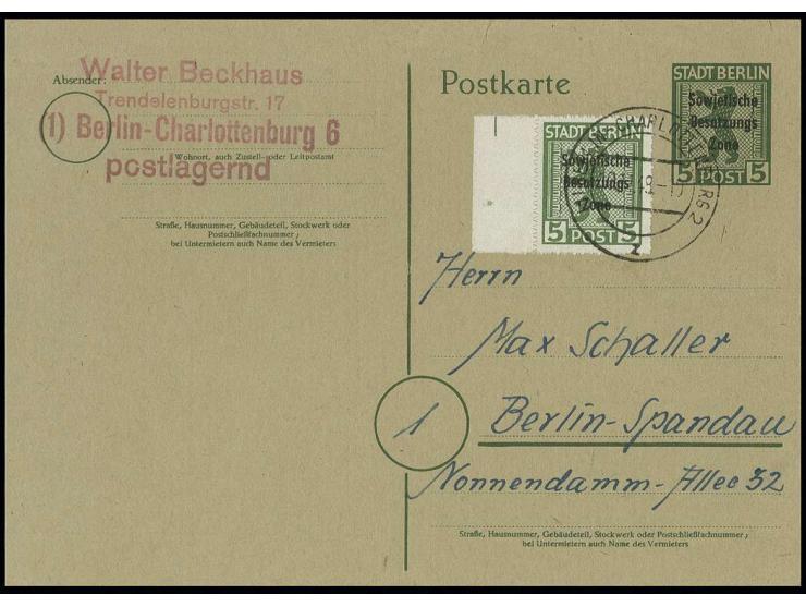 Karte Maschinenaufdruck auf Bären 5 Pfg. mit Zufrankatur Maschinenaufdruck auf Bären 5 Pfg. durchstochen mit linkem Rand von 