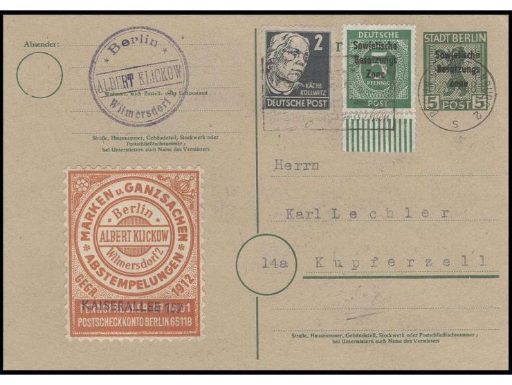 Karte Bären mit Maschinenaufdruck 5 Pfg. mit portogerechter Zufrankatur von "BERLIN-CHARLOTTENBURG 2 29.12." mit Text und e.U