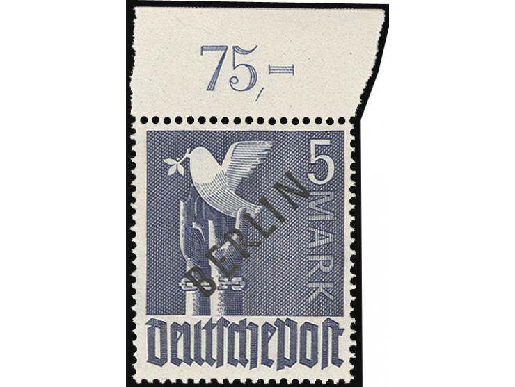 1948, Schwarzaufdruck 2 Pfg.-5 M. kpl., bis auf 1 M. (rechtes Randstück) alles Platten- bzw. Walzendruck-Oberrandstücke, post