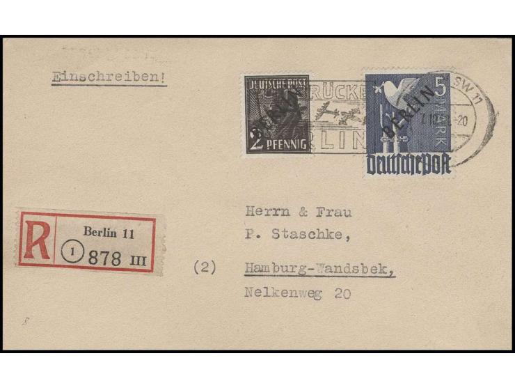 2 Pfg.-5 M. kpl. (8 Pfg. doppelt) mit Luftbrückenstempeln auf 9 philatelistischen R-Briefen nach Hamburg, alle mit Ankunftsst