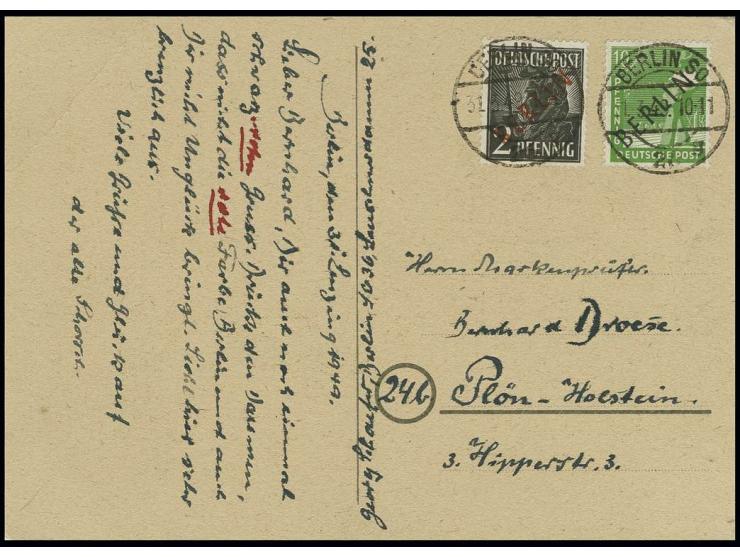 10 Pfg. in Mischfrankatur mit Rotaufdruck 2 Pfg. als portogerechte Frankatur auf Postkarte von "BERLIN SO 26 31.3.49" mit vie