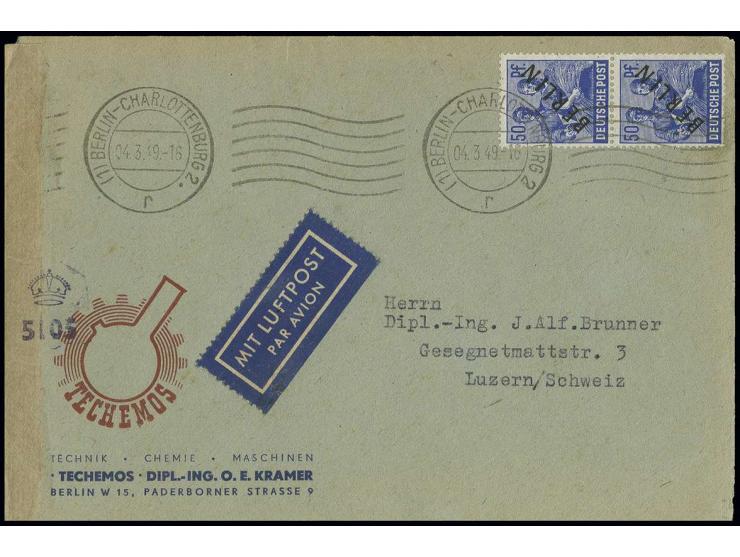 50 Pfg. im senkrechten Paar als portogerechte Mehrfachfrankatur auf IAS-Luftpostbrief von "BERLIN-CHARLOTTENBURG 2 4.3.49" mi