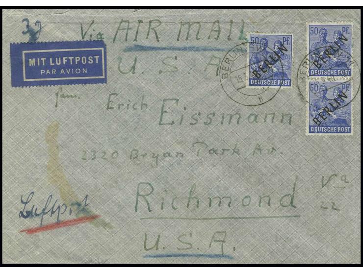 50 Pfg. im senkrechten Paar und Einzelwert auf IAS-Luftpostbrief bis 10 g von "BERLIN SW 11 15.3.49" via Frankfurt in die USA