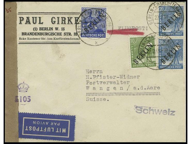 50 Pfg., 20 Pfg. (2) und 10 Pfg. als portogerechte Frankatur auf IAS-Luftpostbrief von "BERLIN-CHARLOTTENBURG 2 22.2.49" mit 