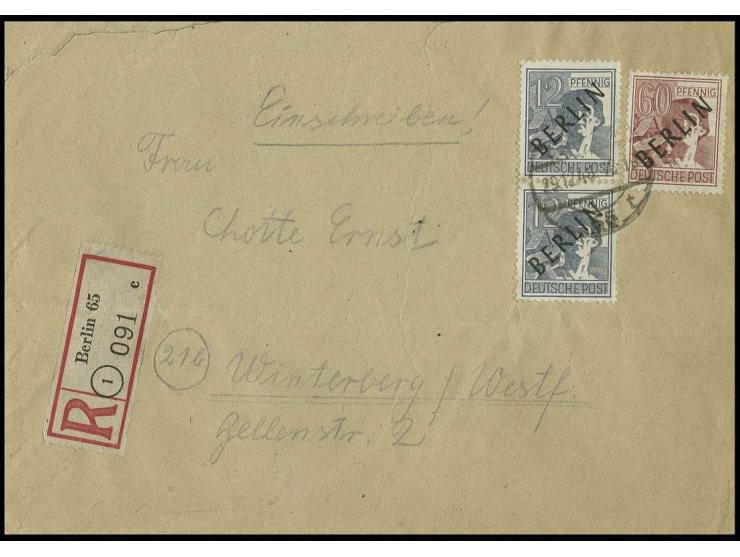 60 Pfg. und 12 Pfg. im senkrechten Paar als portogerechte Frankatur auf Einschreibe-Brief von "BERLIN N 65/29.12.48" nach Win