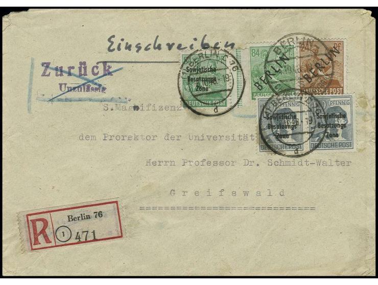 84 Pfg. und 24 Pfg. als portogerechte Frankatur auf Einschreibe-Brief von "BERLN-CHARLOTTENBURG 4/4.10.48" nach Greifswald mi
