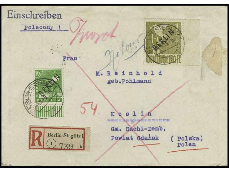 1 M. mit rechtem Rand und 10 Pfg. als portogerechte Frankatur auf Einschreibe-Brief von "BERLIN-STEGLITZ 1/4.12.49" nach Kosl