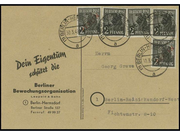 1949, Rotaufdruck 2 Pfg. (2) in Mischfrankatur mit Schwarzaufdruck 2 Pfg. (3) als portogerechte Aufbrauchsfrankatur auf Firme