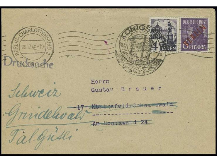 6 Pfg. auf Drucksachenumschlag von "BERLIN-CHARLOTTENBURG 6.12.49" nach Königsfeld, dort Nachsendung mit Baden Freimarke 4 Pf