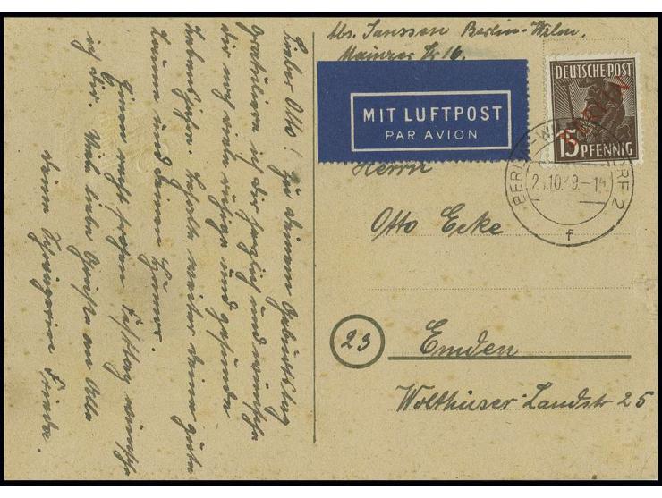 15 Pfg. als portogerechte Einzelfrankatur auf Luftpost-Karte von "BERLIN-WILMERSDORF 2/24.10.49" mit Text nach Emden, Karte l