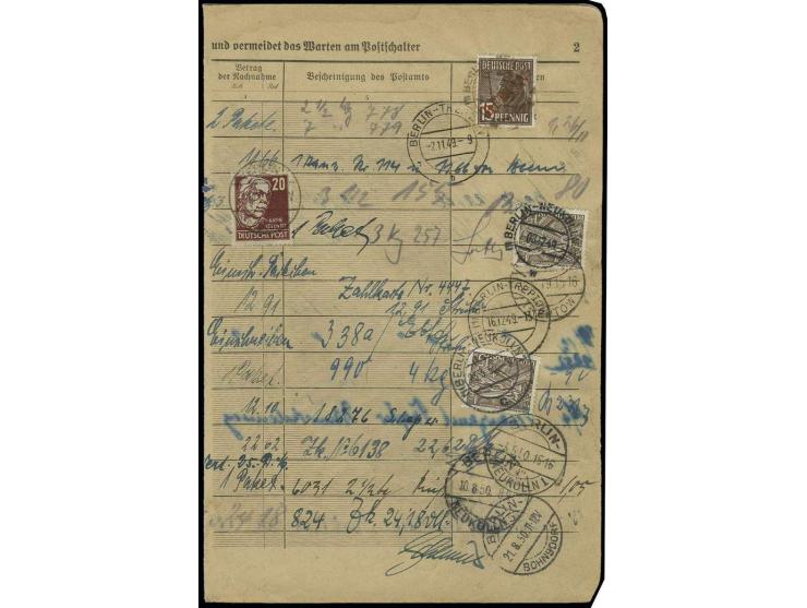 15 Pfg. mit Stempel "BERLIN-NEUKÖLLN 1/26.10.49" auf kompletter Seite (mit Farbkopie der linken Seite) eines Einlieferungsbuc