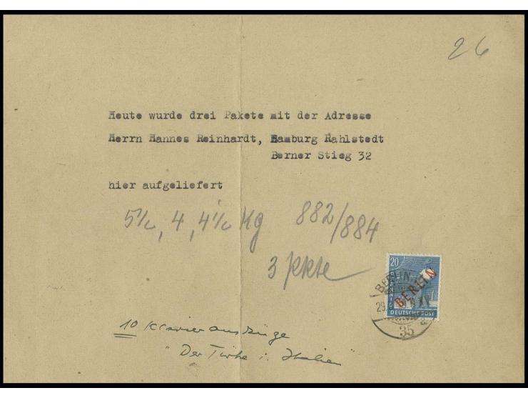 20 Pfg. auf privater Einlieferungsbescheinigung für 3 Pakete von "BERLIN W 35/29.3.49", Faltspuren