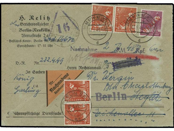 40 Pfg. und 8 Pfg. im waagerechten Paar auf Nachnahme-Brief von "BERLIN-NEUKÖLLN 7.5.49" nach Berlin Steglitz mit falscher Ad