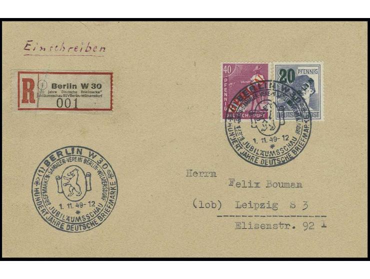 40 Pfg. in Mischfrankatur mit Grünaufdruck 20 Pfg. als Einschreibe-Brief mit SST "BERLIN W 30/1.11.49 HUNDERT JAHRE DEUTSCHE 