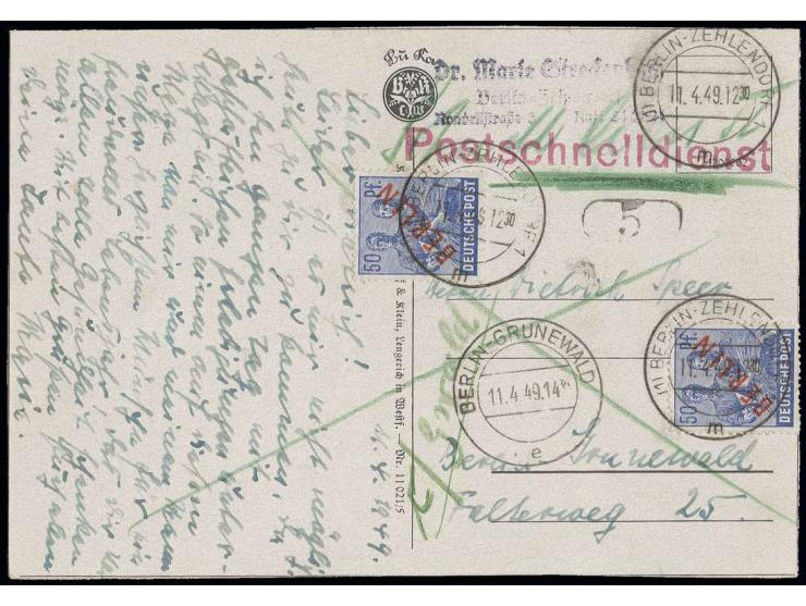 50 Pfg., 2 Stück als portogerechte Mehrfachfrankatur auf Postschnelldienst-Postkarte von "BERLIN-ZEHLENDORF 11.4.49" nach Ber