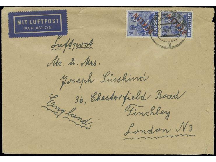 50 Pfg. im senkrechten Paar als portogerechte Mehrfachfrankatur auf IAS-Luftpostbrief von "BERLIN SO 36/21.4.49" via Frankfur
