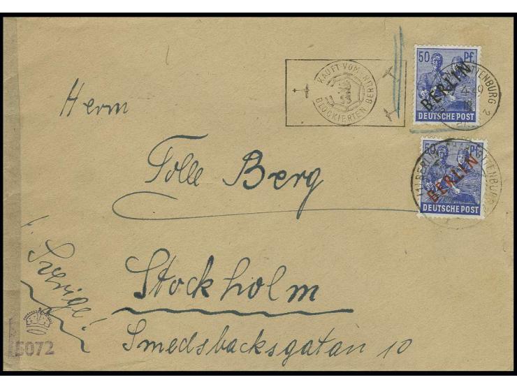 50 Pfg. mit Stempel "BERLIN-CHARLOTTENBURG 2/30.4.49" als Neuaufgabe auf Brief mit erst frankierter Schwarzaufdruck 50 Pfg. m