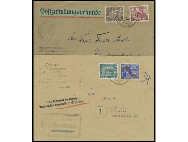 50 Pfg. und Bauten 5 Pfg. sowie Bauten 40 Pfg. und 15 Pfg. auf 2 Briefen mit Zustellungsurkunden von "BERLIN N 20 24.9.49" bz