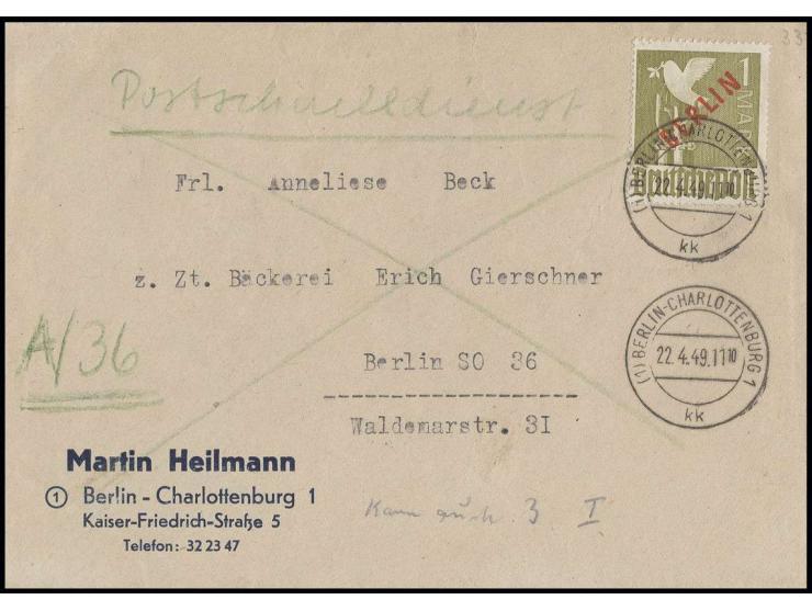 1 M. als portogerechte Einzelfrankatur auf Postschnelldienst-Brief von "BERLIN-CHARLOTTENBURG 22.4.49" nach Berlin SO 36 mit 