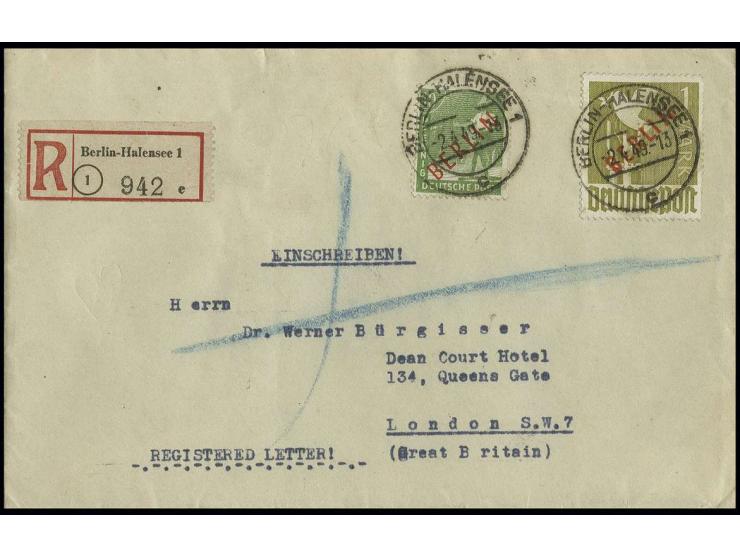1 M. und 10 Pfg. als portogerechte Frankatur auf Einschreibe-Brief von "BERLIN-HALENSEE 1/2.4.49" nach London, leichte Bugspu